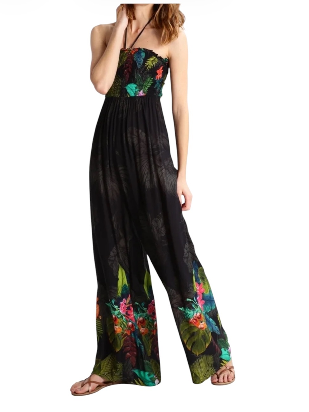 Desigual Smocked Bust Floral Tropical Jumpsuit Size S Boho Wide Leg